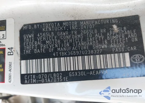 2007 Toyota Avalon Limited z USA, uszkodzony, nr VIN 4T1BK36B97U238327